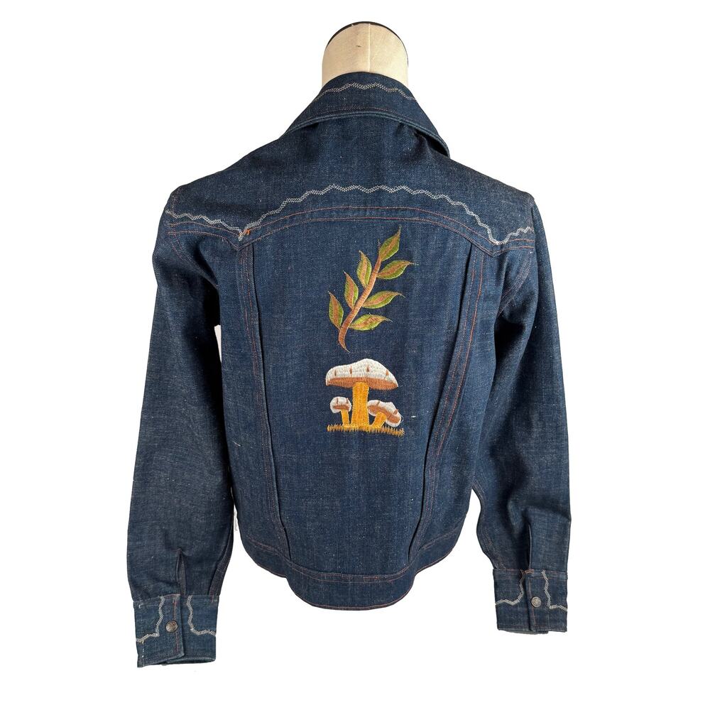 NOS 70s Embroidered Denim Jacket Mushrooms & Flowers Sz 40 Hippie Boho - Picture 2 of 9